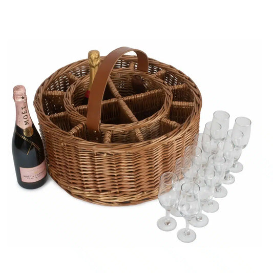 G&G Happy Days Champagne wicker w. Leather Handle and 12 Glasses