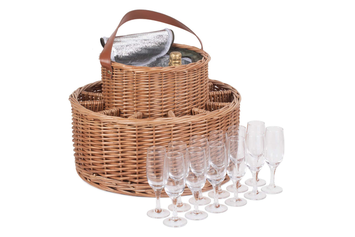 G&G <br> Happy Days Champagne Wicker w. Cooler, Leather Handle and 12 glasses