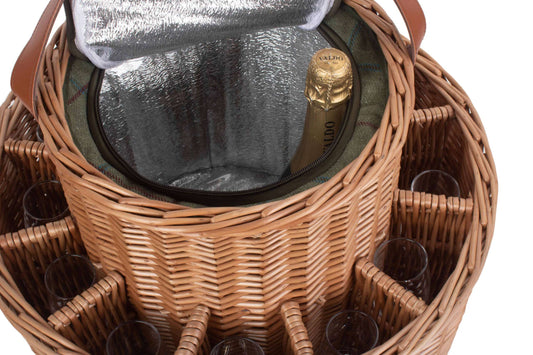 G&G <br> Happy Days Champagne Wicker w. Cooler, Leather Handle and 12 glasses