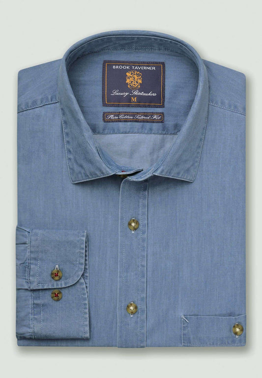 Brook Taverner <br> Chambray Cotton Shirt Light Blue