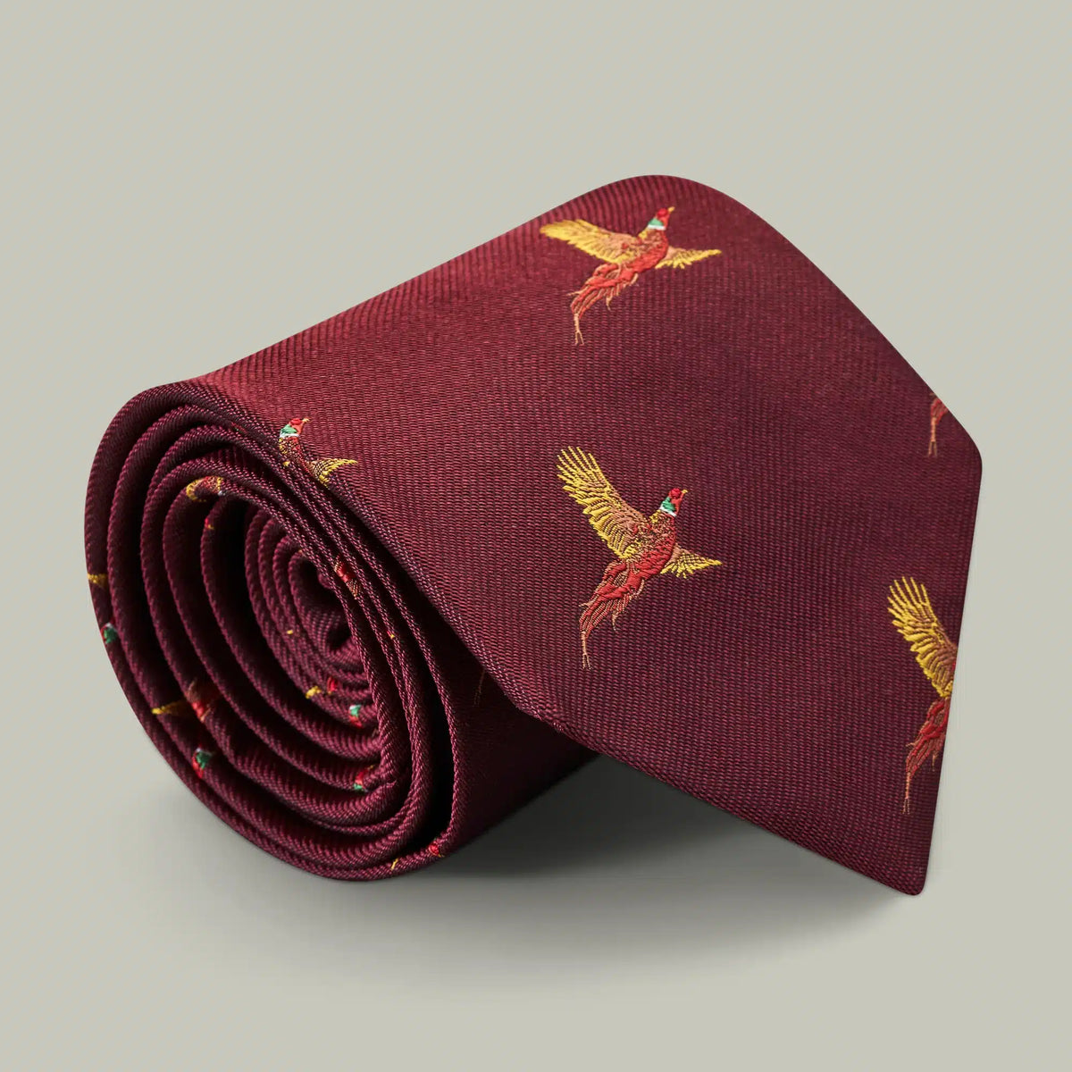 H&H - Harrow Silk Woven Tie - Flying Pheasant - Berry