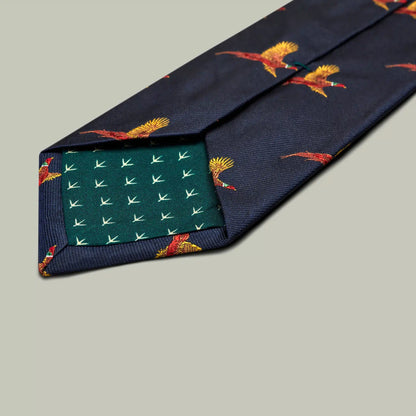 H&H - Harrow Silk Woven Tie - Flying Pheasant - Indigo