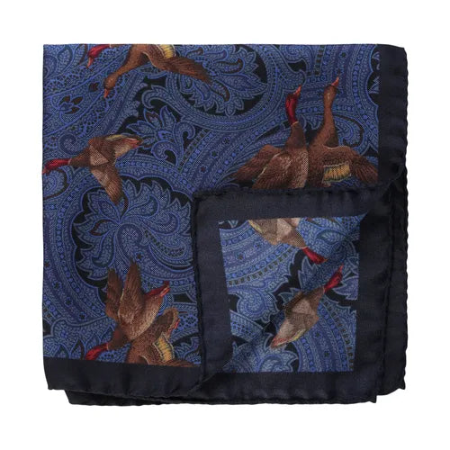 House of Amanda Christensen Bird and Paisley Pocket Square - Navy